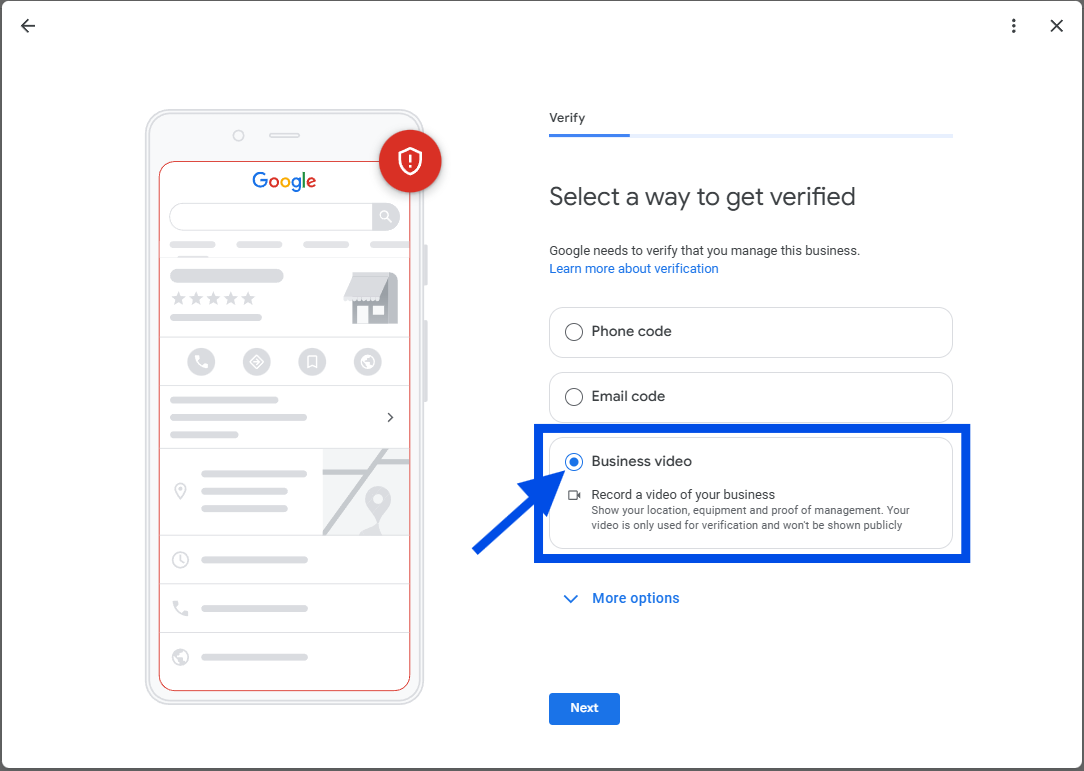 Google verification screen with Business video option selected
