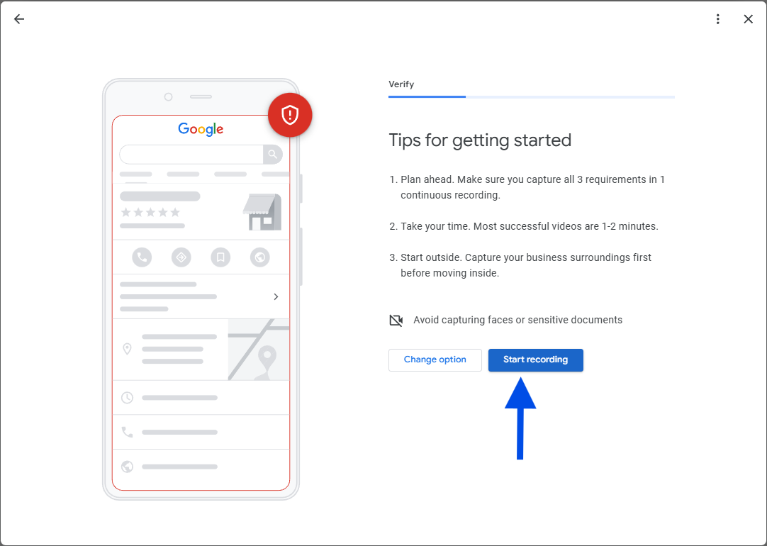 Google verification tips for getting started screen with Start recording button