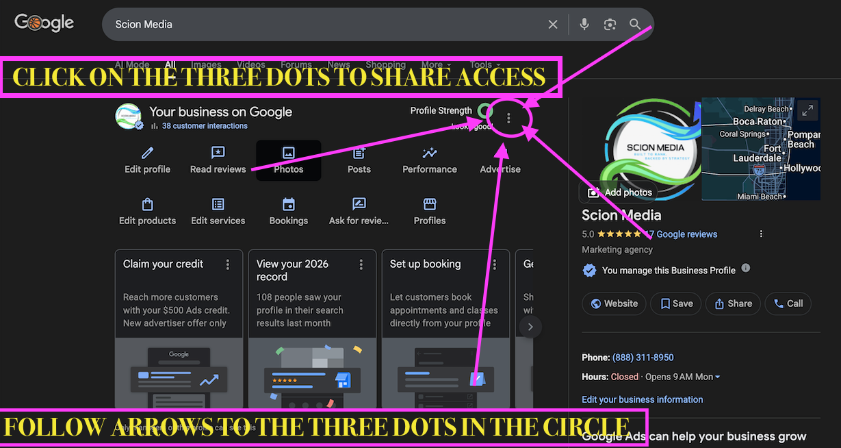 Annotated screenshot showing the three-dot menu in the top-right of the Your Business on Google panel