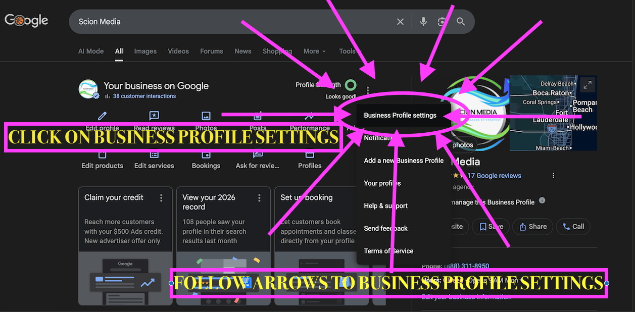 Annotated screenshot showing the Business Profile settings option in the dropdown menu