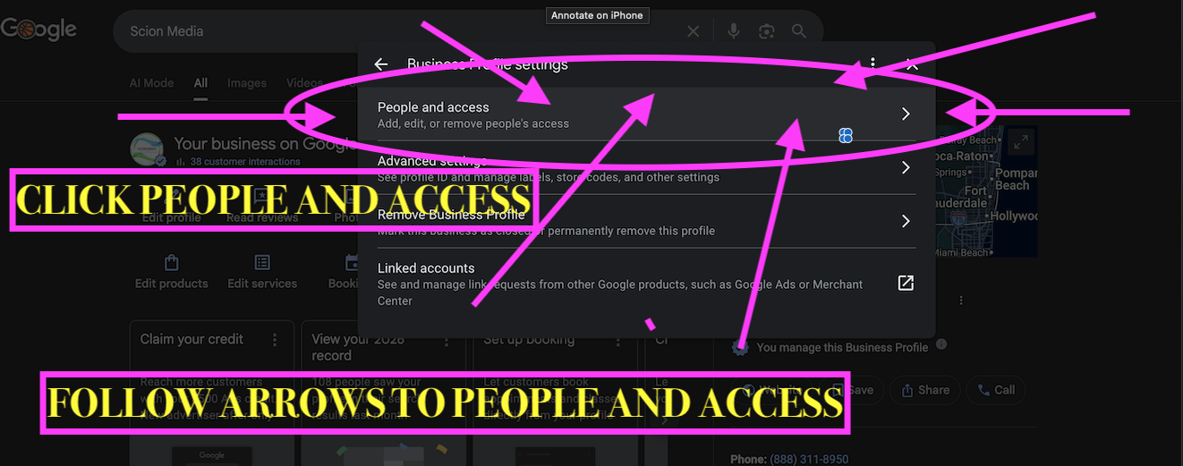 Annotated screenshot showing the People and access option inside Business Profile settings