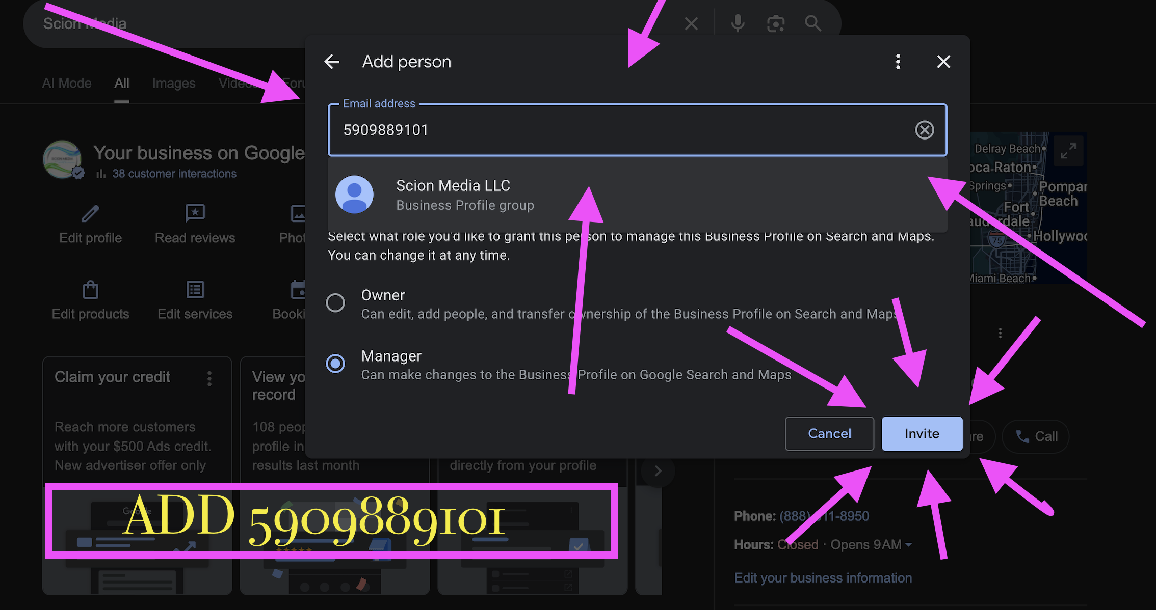 Annotated screenshot showing the Add person dialog with Group ID 5909889101 entered, Manager role selected, and the Invite button highlighted